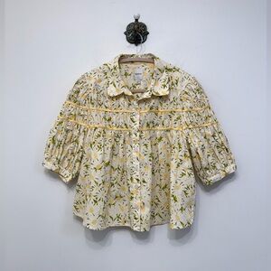 Anthropologie Maeve Leandra Floral Shirred Yoke Blouse Short Sleeve Button Up M